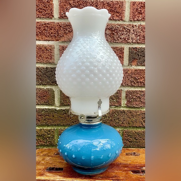 Vintage Blue White Hobnail Milk Glass Kerosene Lantern Oil Lamp